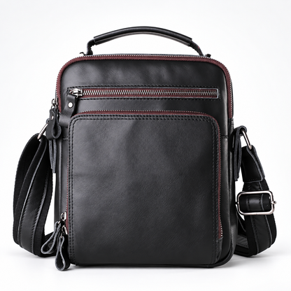 Smooth Black Leather Messenger Bag