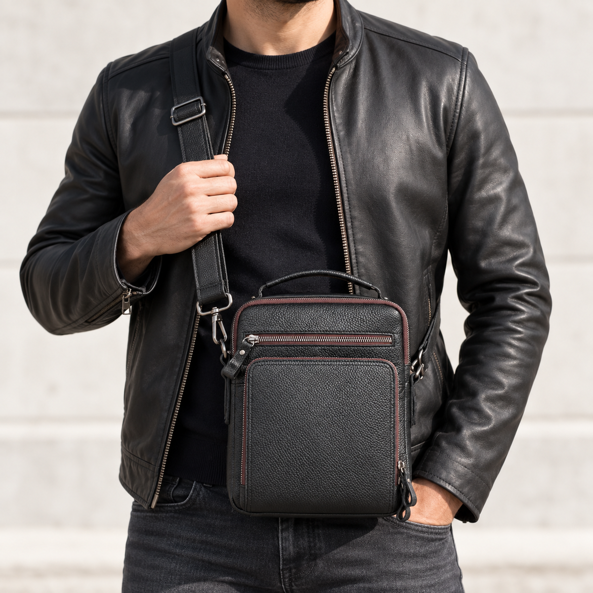 Black Pebbled Leather Messenger Bag