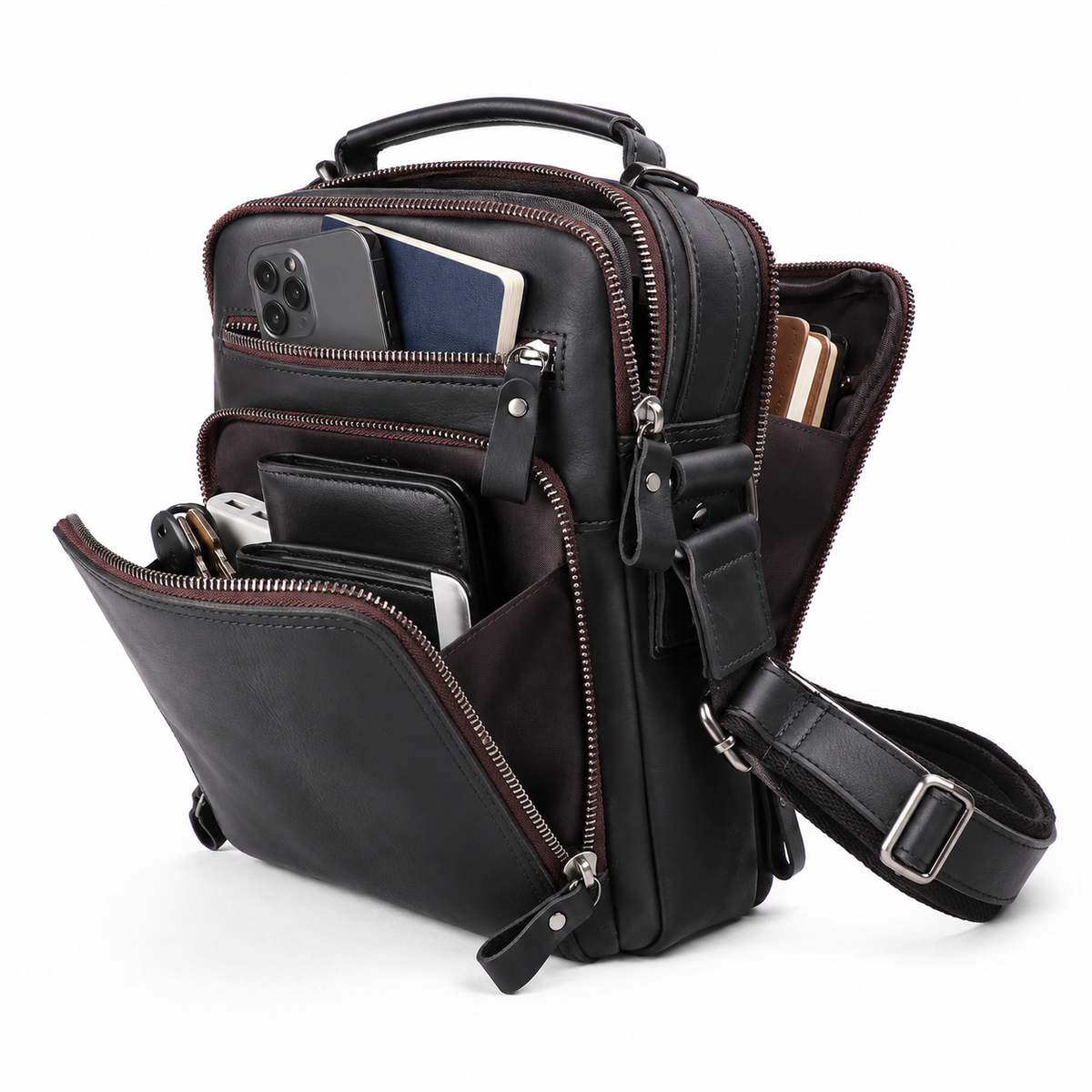 Smooth Black Leather Messenger Bag