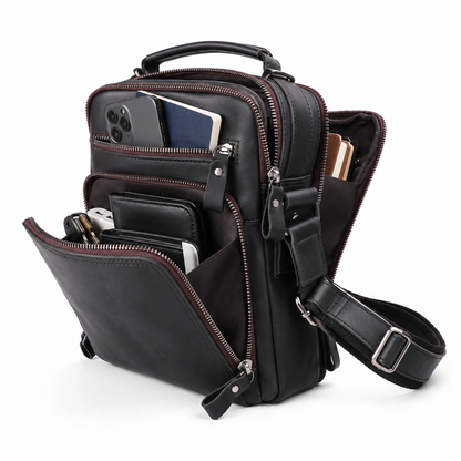 Smooth Black Leather Messenger Bag