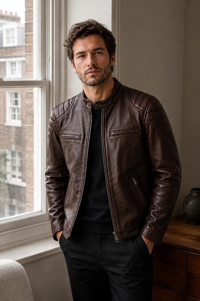 100% Genuine Leather — Vintage Brown Biker Jacket
