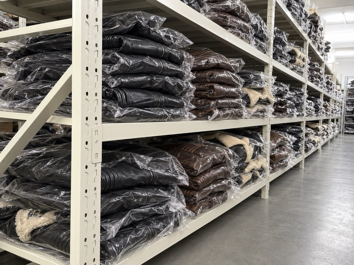 Rows of protected leather jackets in the EKROZ stockroom